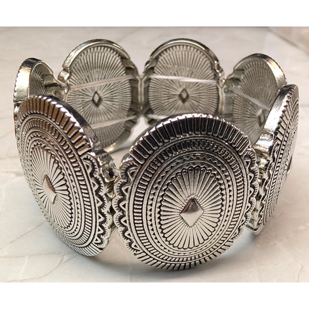 New Concho Stretch Panel Bracelet Silvertone Cowgirl Western Boho Stamped Oval